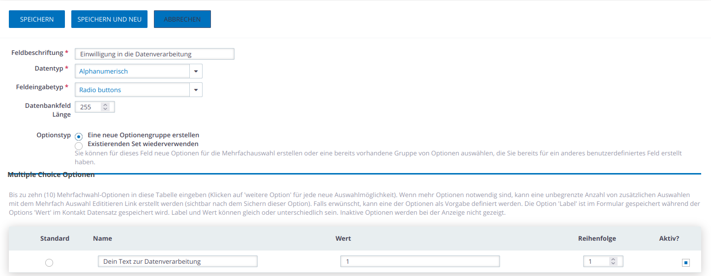 Screenshot: Feld anlegen oben