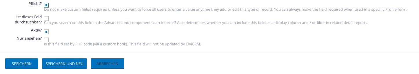 Screenshot. Feld anlegen unten